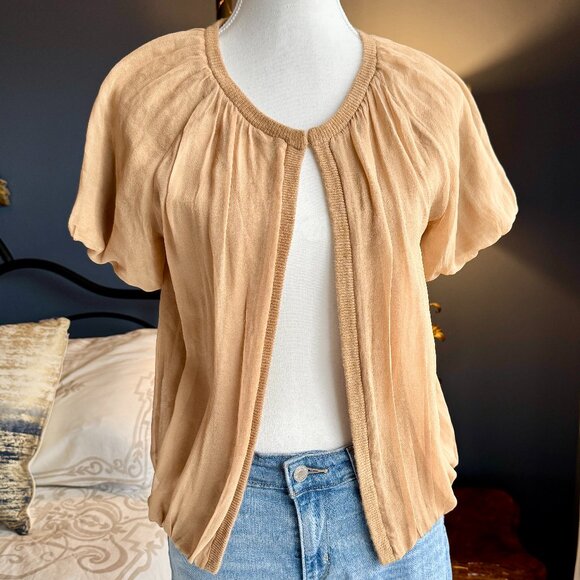 J Crew Camel 100% Silk w Cashmere & Wool Short Sleeve Open Cardigan - Picture 1 of 11
